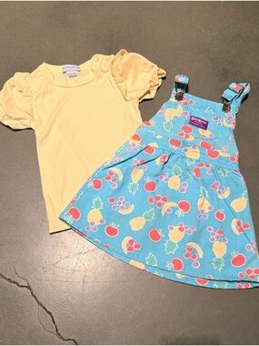 Vintage OshKosh B'gosh Rare Blue Fruit-Print Dress with Yellow Puff-Sleeve Tee